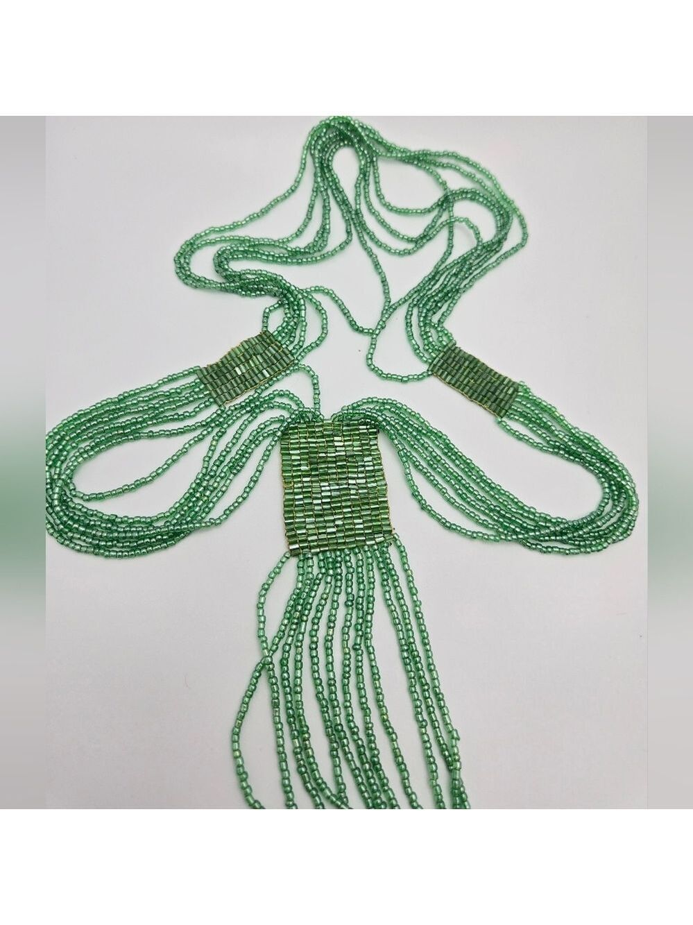 Handmade Boho Green Gemstone Bead Necklace 12 Multi Strands Sparkly 💚✨